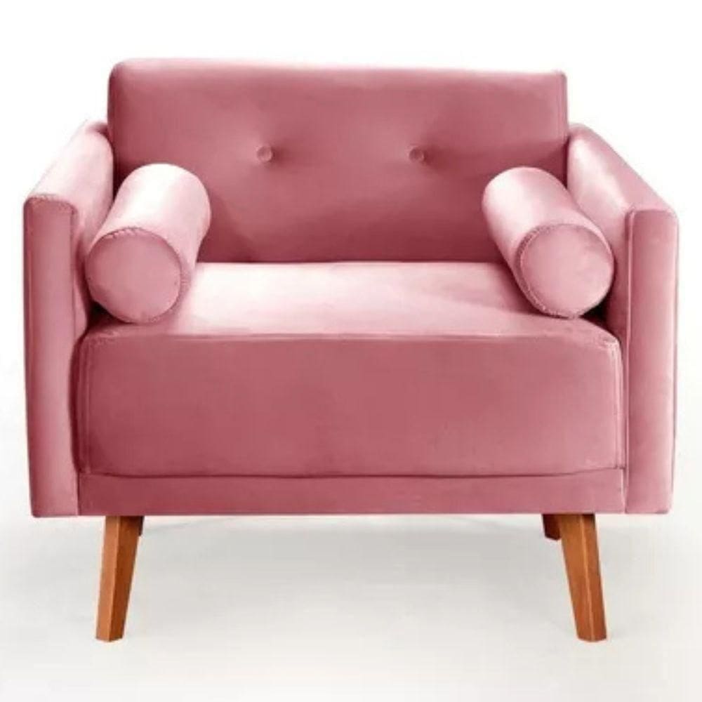 Poltrona Decorativa Luma Suede Rosa Com Pés Em Madeira