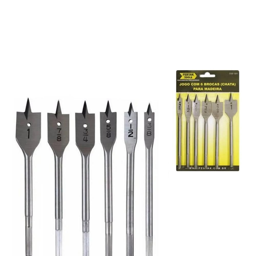 Kit Jogo Broca Plana Chata 6 Peças Madeira
