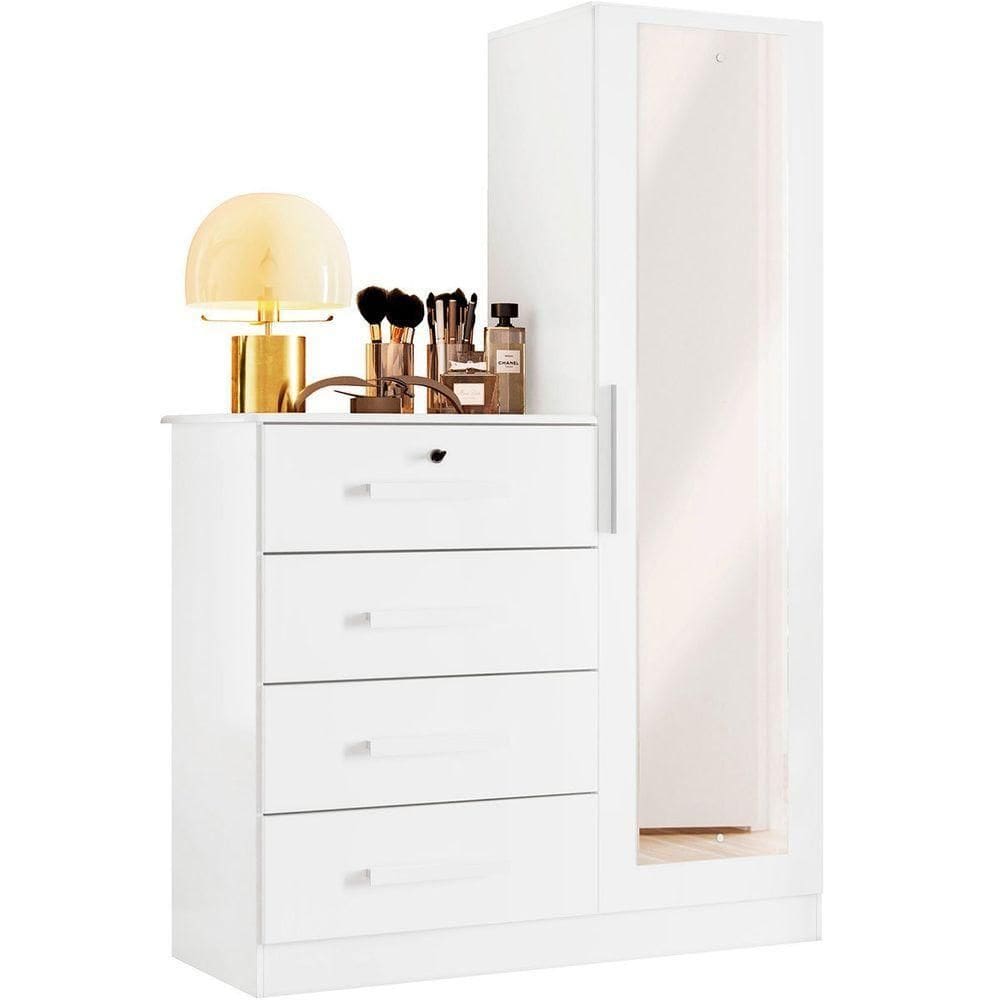 Cômoda Guarda-roupa Caribe 4 Gavetas 1 Porta Com Espelho Branco