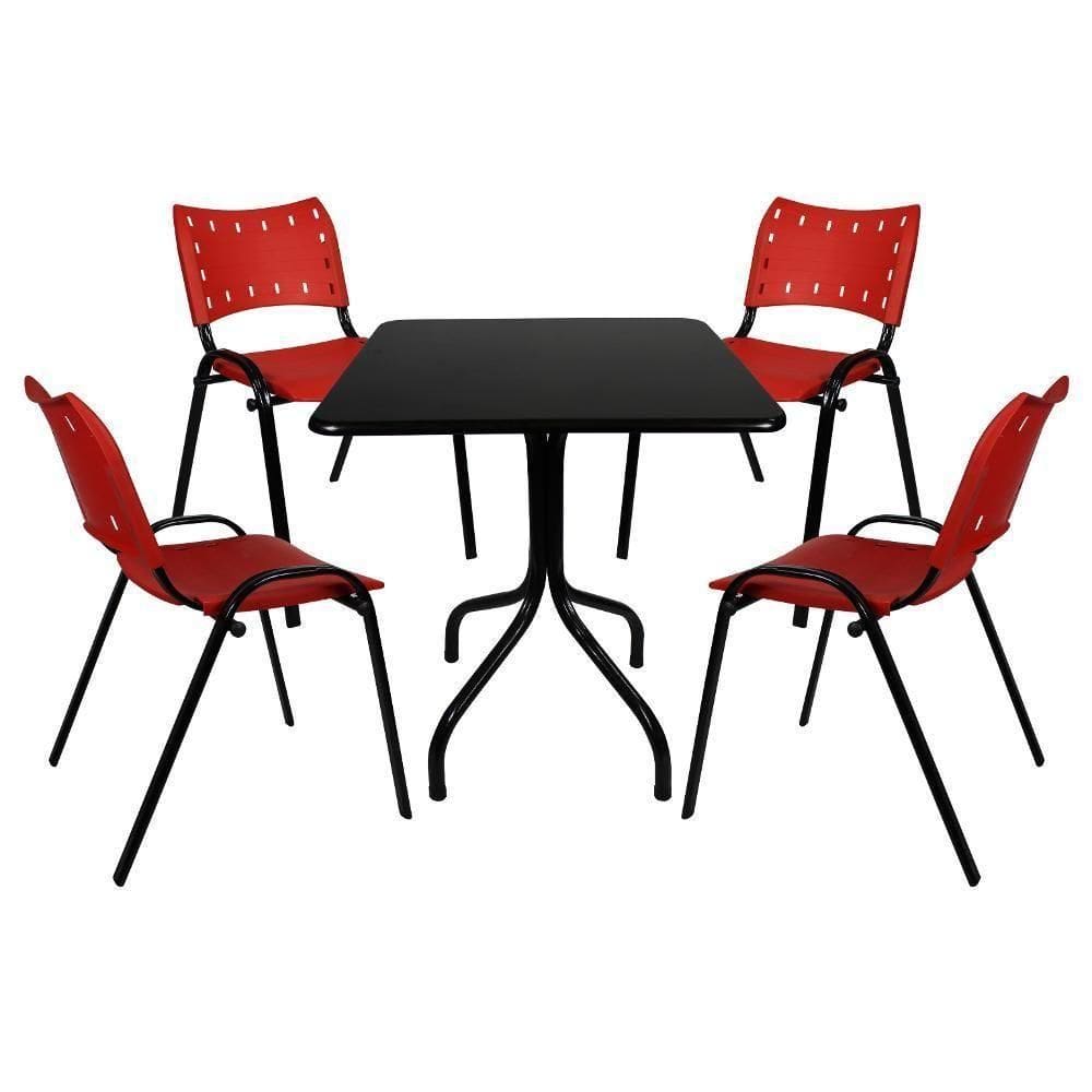 Jogo Mesa 70x70 Preta Para Bares E Restaurantes Com 4 Cadeiras Iso Vermelha