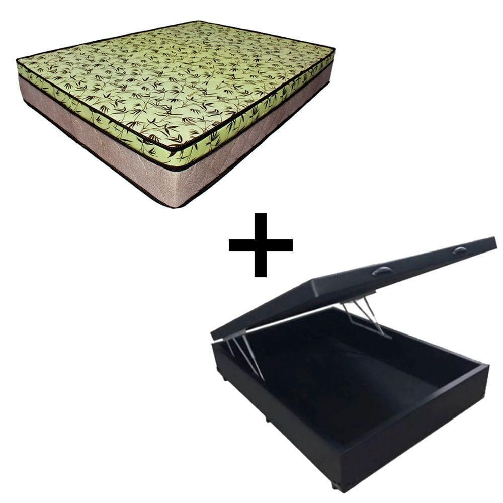 Cama Baú Casal 138 Tecido Sintético Preto Com Colchão De Espuma Tokio D33 Bege - 25x138x188cm