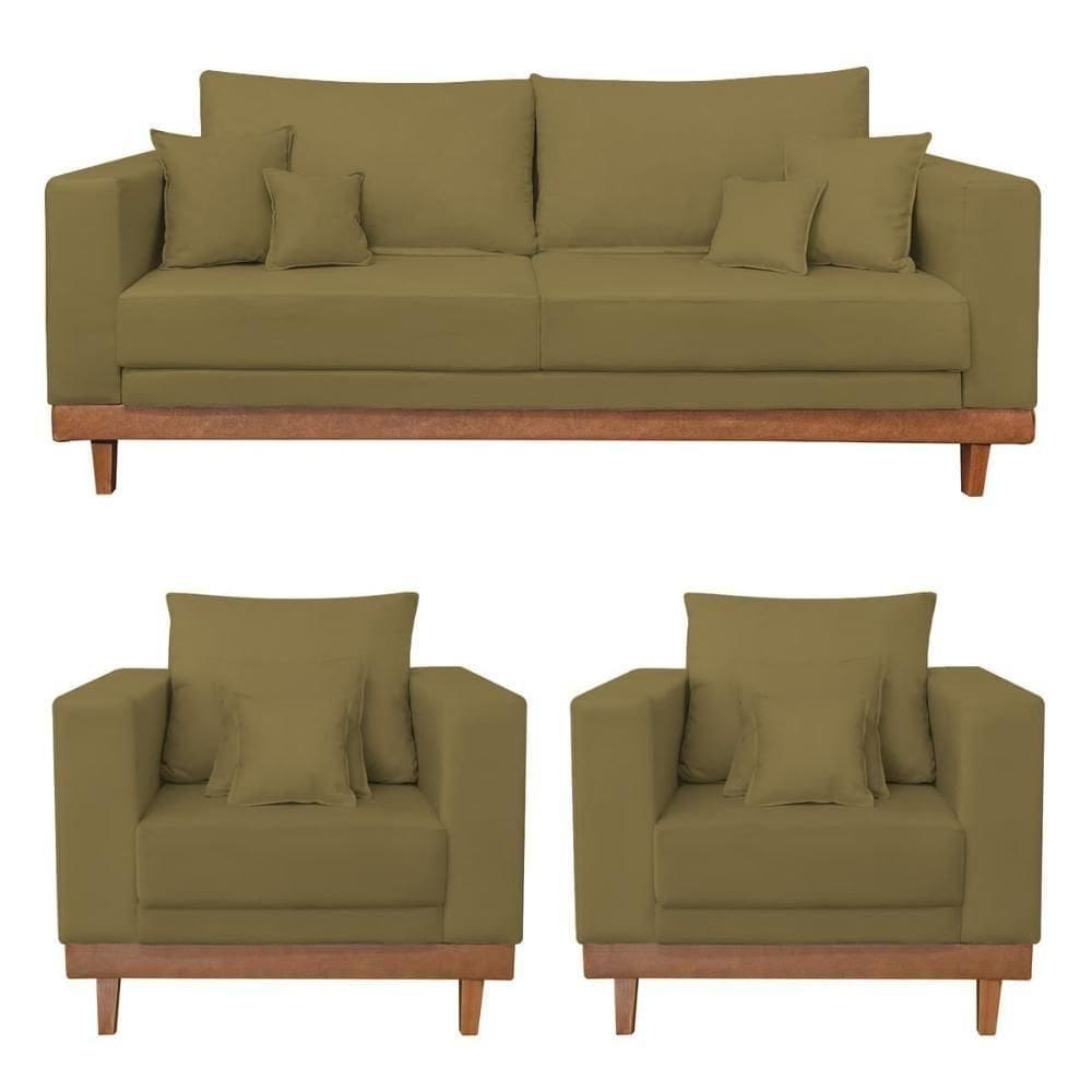 Kit 2 Poltronas Living + Sofá 3 Lugares Com Base Madeira