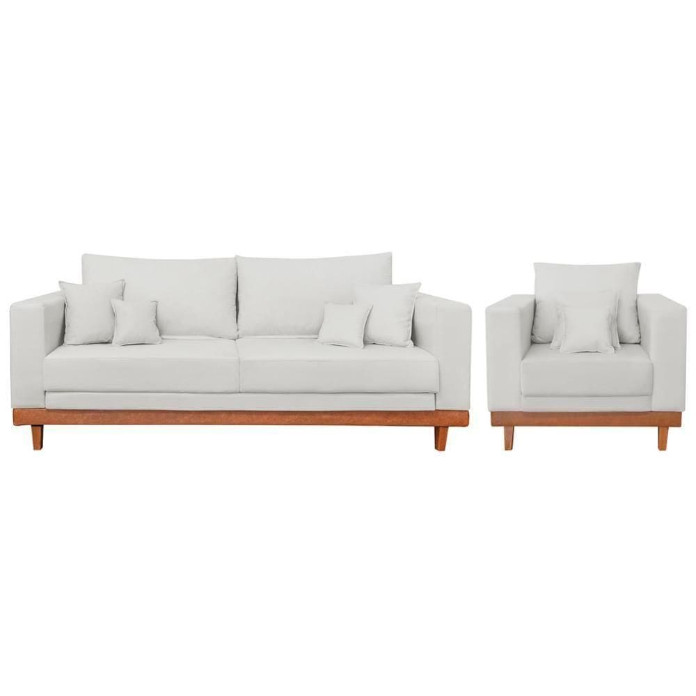 Kit Poltrona Living + Sofá 3 Lugares Base Madeira Linho Bege