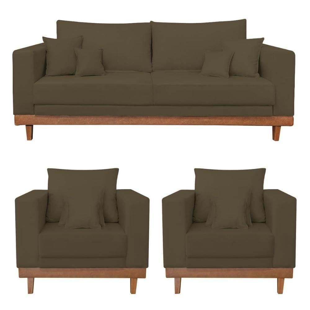 Kit 2 Poltronas Living + Sofá 2 Lugares Com Base Madeira.