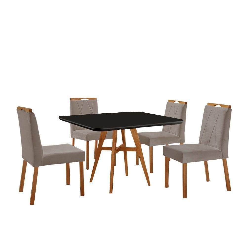 Conjunto Sala De Jantar Mesa Atenas 90x90cm Preto Com 4 Cadeiras Bela Veludo Cinza
