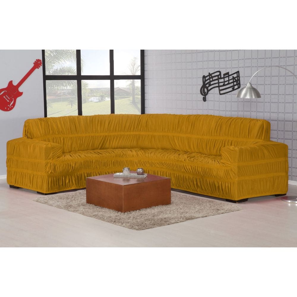 Capa De Sofá De Canto Em Malha Gel 21 Elásticos Mostarda