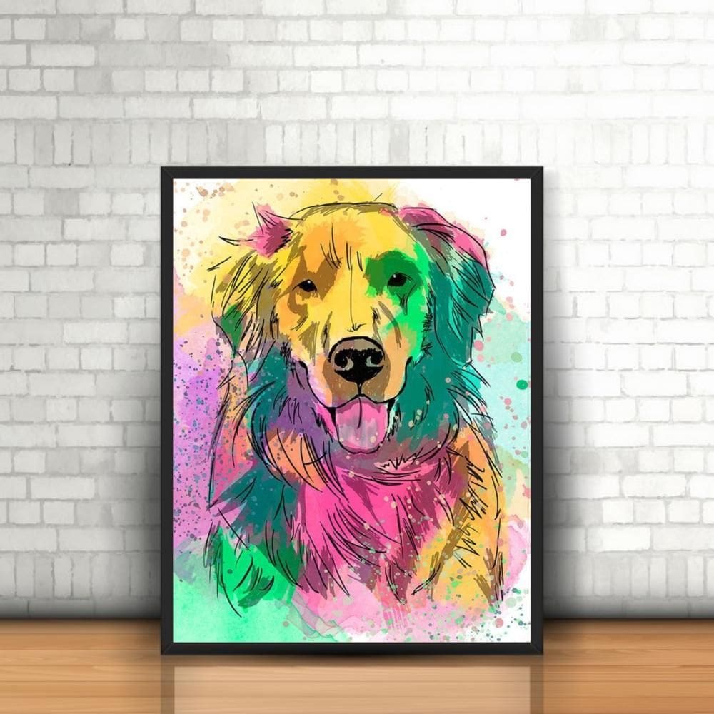 Quadro Moldura Animal Cachorro Cão Golden Retriever Colorido