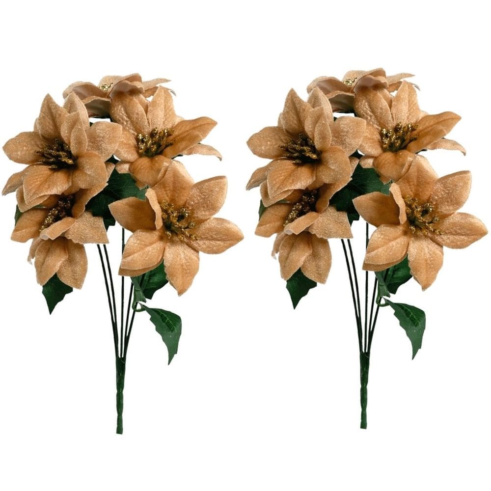 Jogo 2 Buquês Mini Bico de Papagaio Natal Veludo Champanhe 5 Flores - Magizi