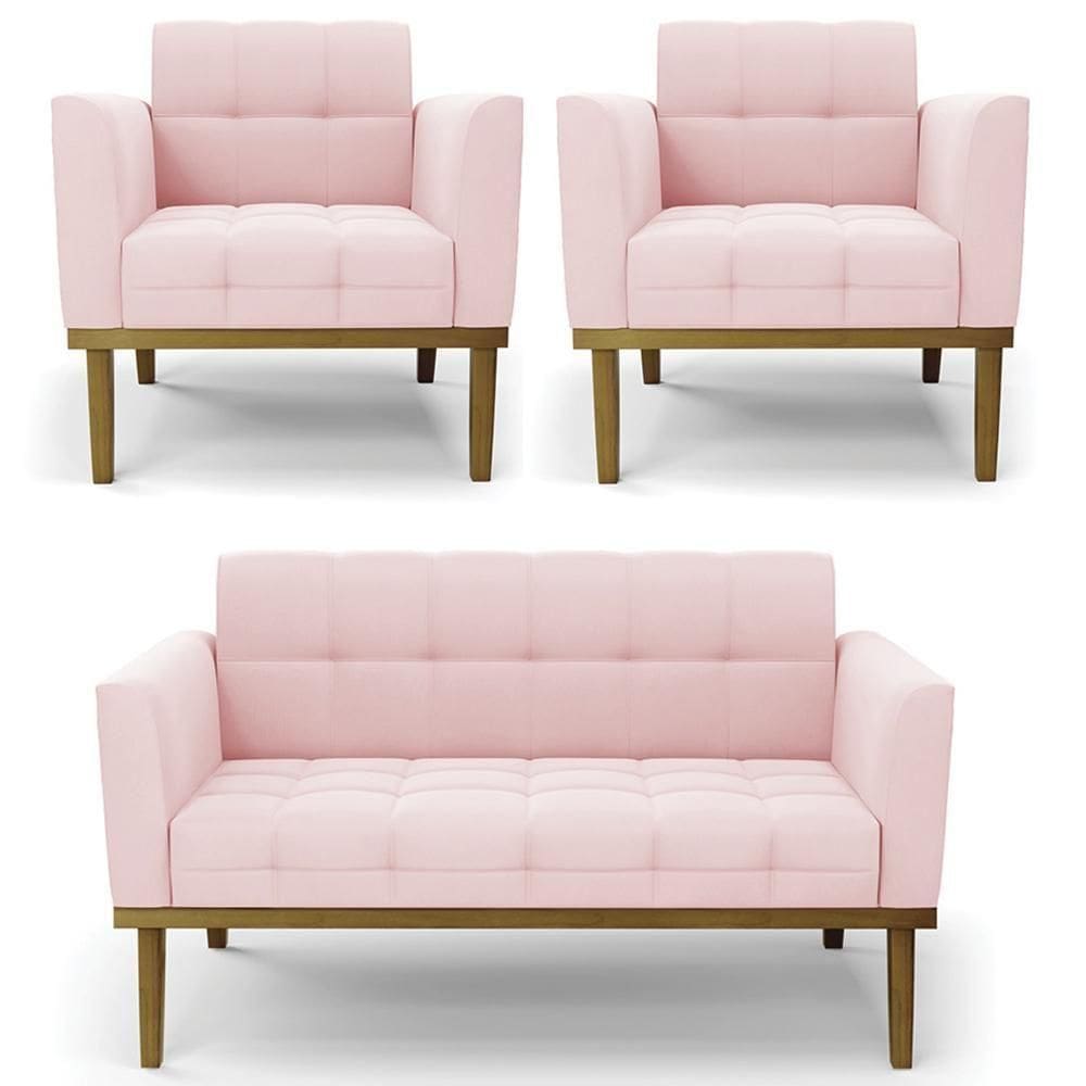 Sofá Namoradeira E 2 Poltronas Base Madeira Castanho Ana Suede Rosa Bebê - Ibiza