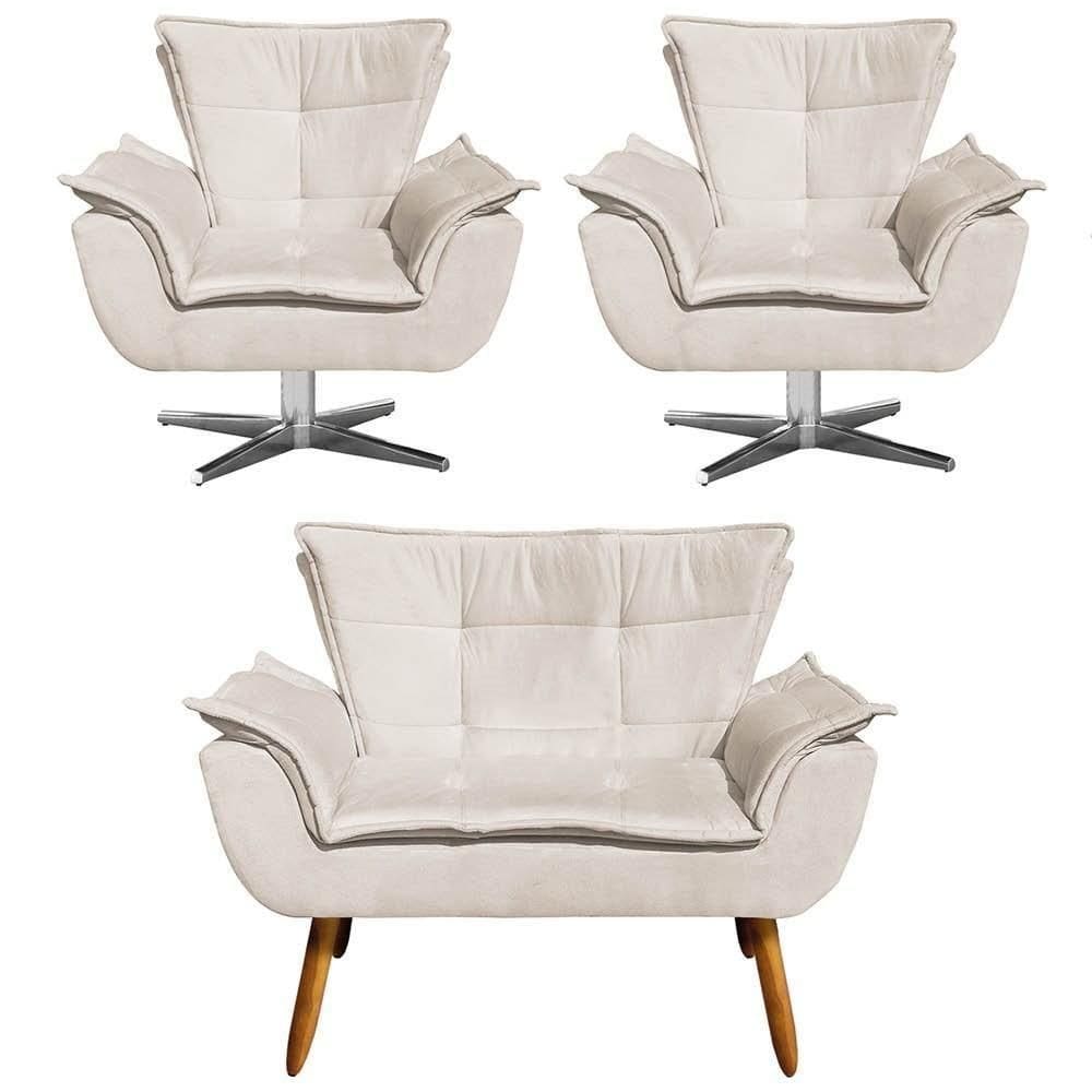 Kit Namoradeira E 2 Poltronas Giratórias Cromada Opla Suede Bege - Ibiza