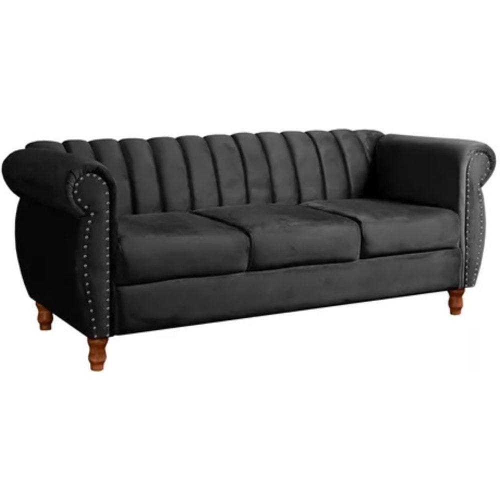 Sofá Chesterfield 3 Lugares Realeza Vintage Retrô Veludo Preto