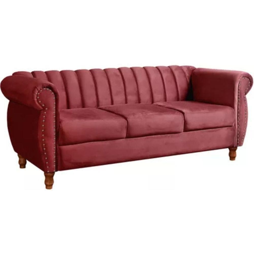 Sofá Chesterfield 3 Lugares Realeza Vintage Retrô Suede Bordô