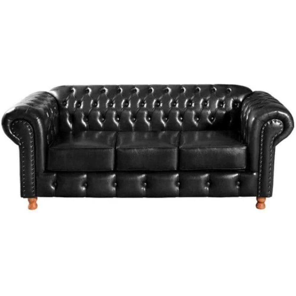 Sofá Chesterfield Luís Xv 3 Lugares Vintage Retrô Capitonê Couro Preto
