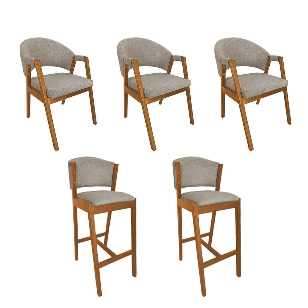 Kit 3 Cadeiras de Jantar Helen Madeira Maciça com 2 Banquetas Ana Cerejeira Premium Linho Bege