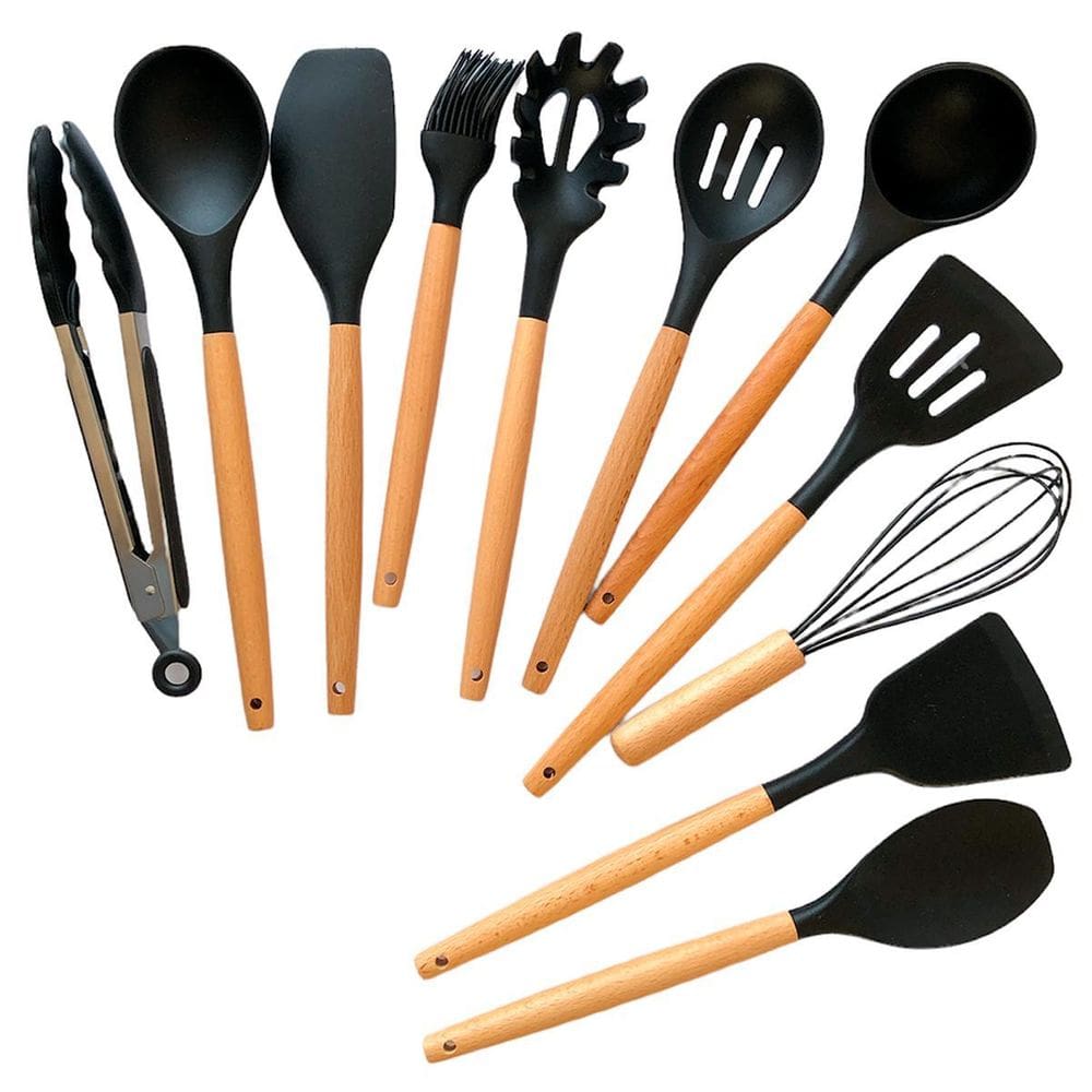 Utensílios de Cozinha Silicone Madeira - 12 Peças