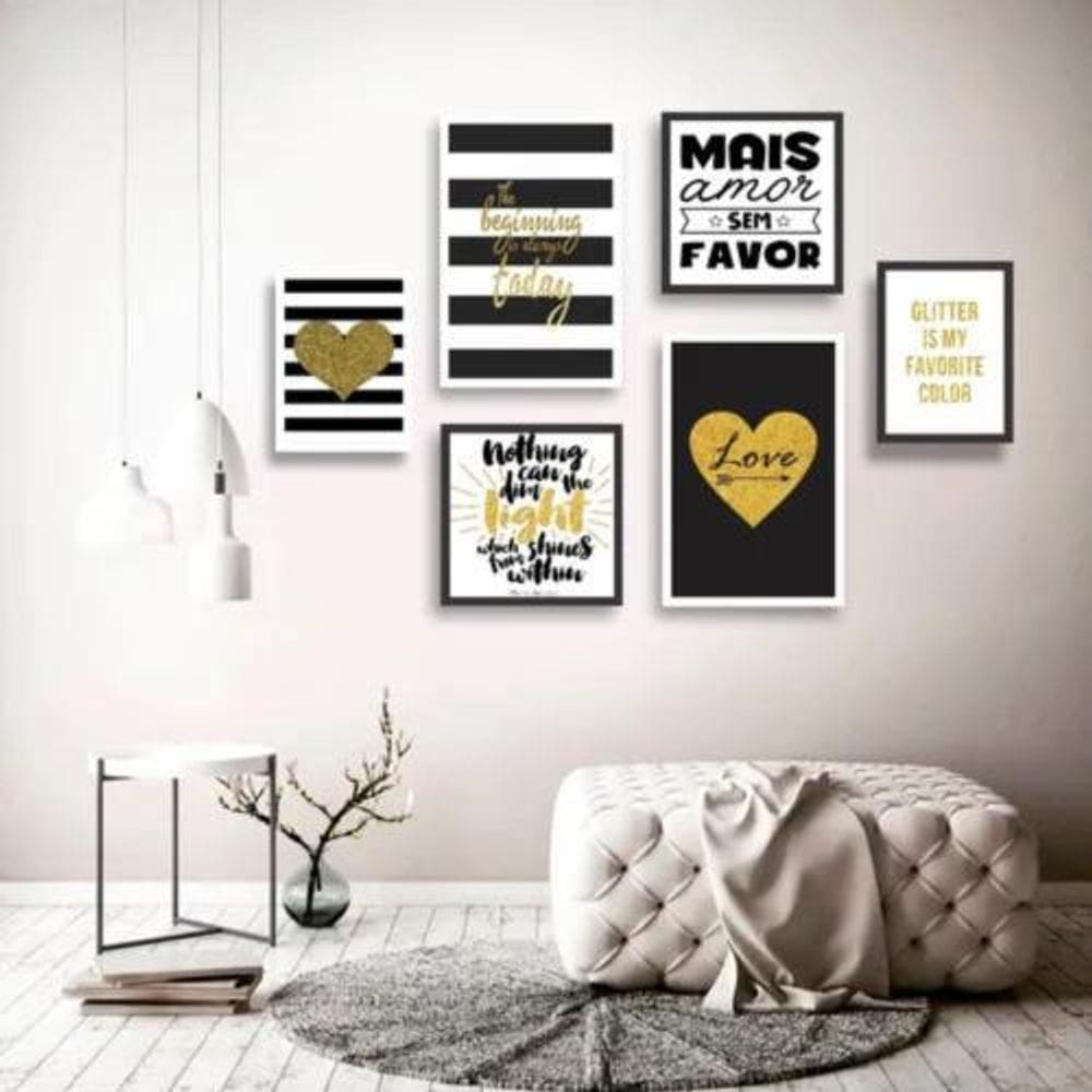Conjunto Kit 6 Quadros Decorativos Sala Quarto Gliter Gold