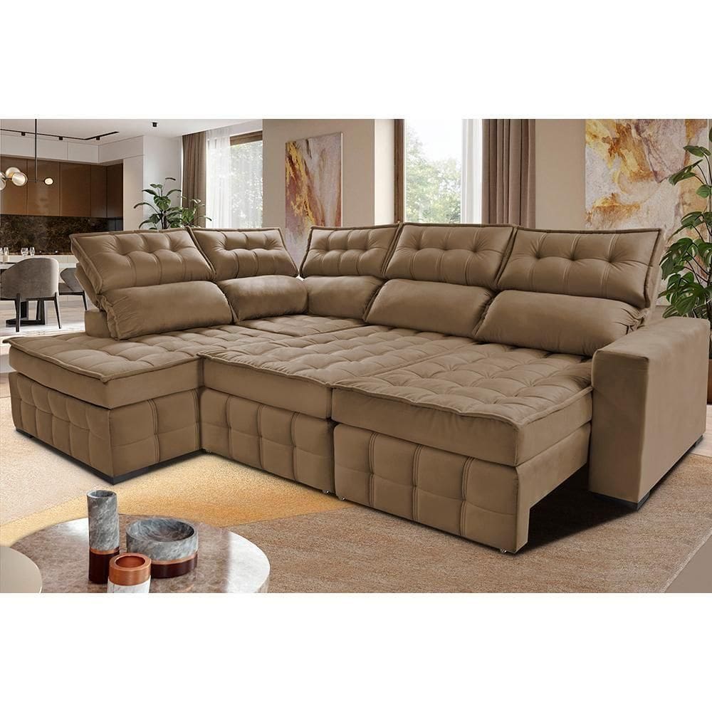 Sofá De Canto Esquerdo 2,65x2,30m Retrátil E Reclinável Com Molas Ensacadas Cama Inbox Nobre Castor