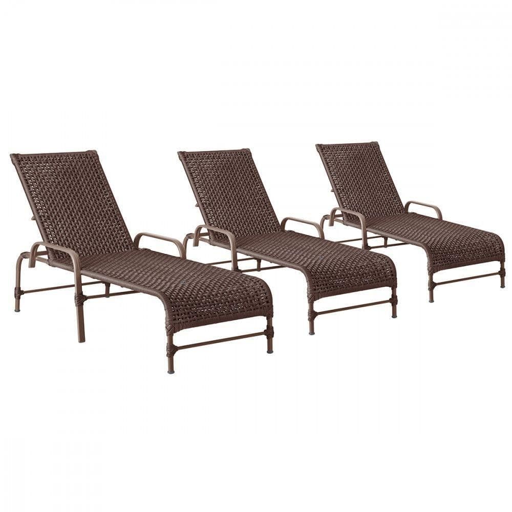 3 Espreguiçadeiras Reclinavel Catar Marrom Corda Nautica Marrom