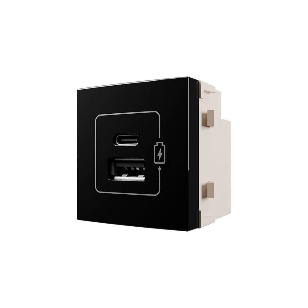 Módulo Tomada Carregador Usb Duplo Usb-c + Usb-a Margirius Sleek 2a 10W Preto Ebony