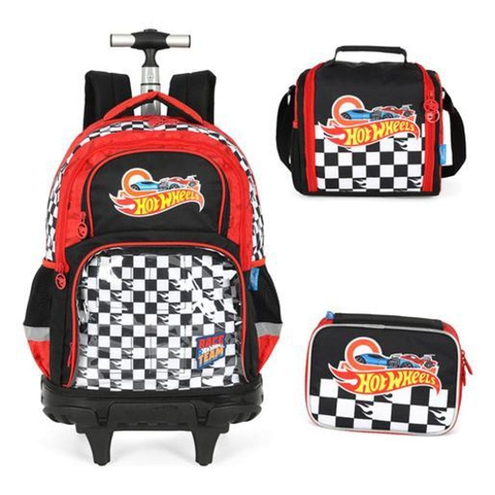 Kit Mochila Rodinhas Lancheira E Estojo Hot Wheels Preto