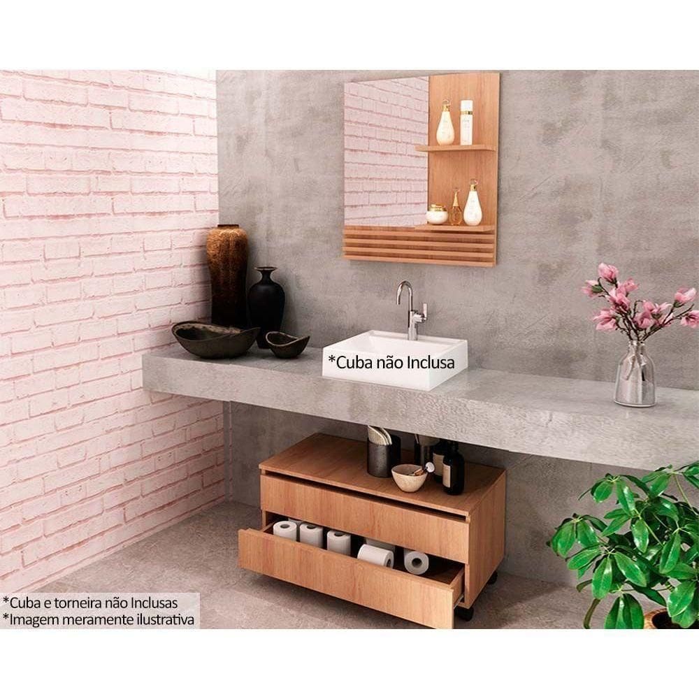 Conjunto De Banheiro Balcão C- Rodizios Bn3603 S- Cuba 80cm E Armário C- Espelho Bn3614 Amêndoa - Tecno Mobili