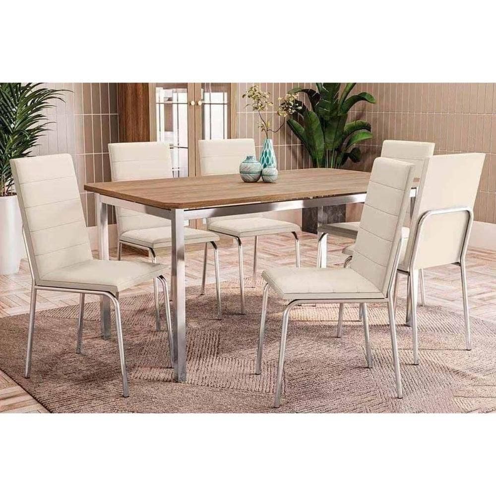 Conjunto Mesa De Cozinha Reno Tampo Madeirado 90x160cm E 6 Cadeiras Amsterdã Cromado Nogueira Nude Kappesberg