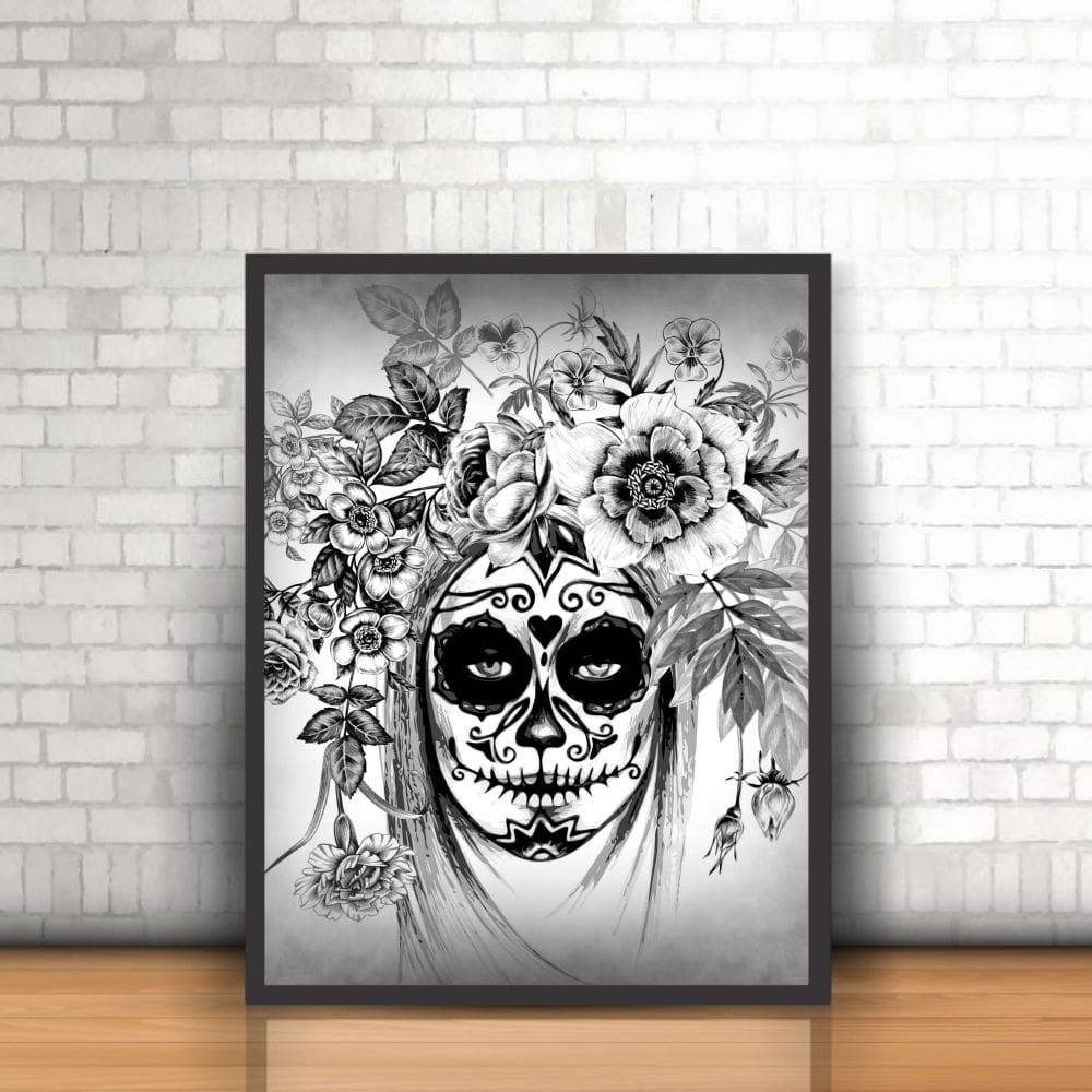 Quadro Com Moldura Preto E Branco Caveira Dia De Los Muertos