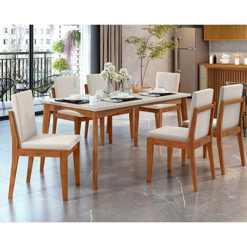 Conjunto Mesa De Cozinha Monalisa Com Tampo Madeirado Com Vidro 160cm E 6 Cadeiras Lady Natural Nesher