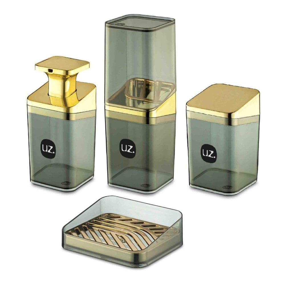 Kit Higiene Slim Banheiro 4Pç Com Porta Escova Uz Dourado