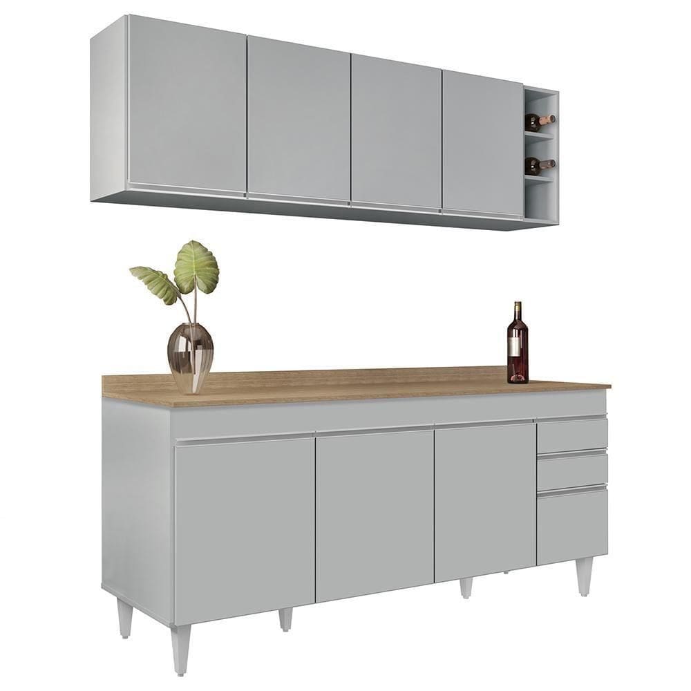 Armário De Cozinha Nevada E Balcão 180cm Com Tampo Dallas Cinza Claro/castanho - Lumil