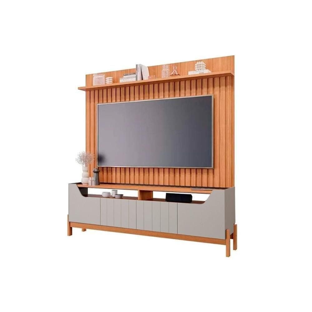 Rack Bancada C/ Painel P/ Até 70 Pol Moema/maragogi Ripado 4 Portas E Pés 180x197cm Off White/nature - Permóbili