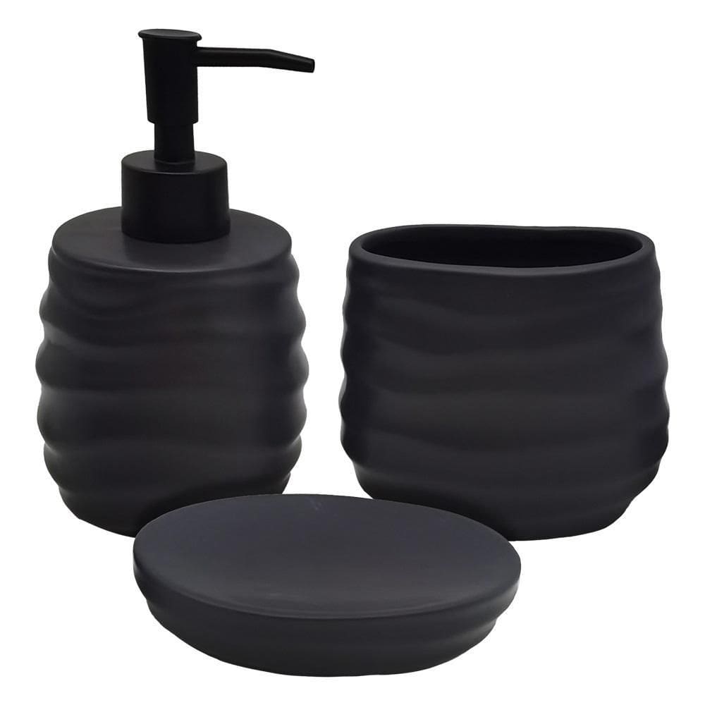 Kit Banheiro Lavabo Onyx Preto 3 Peças Cerâmica Acessórios