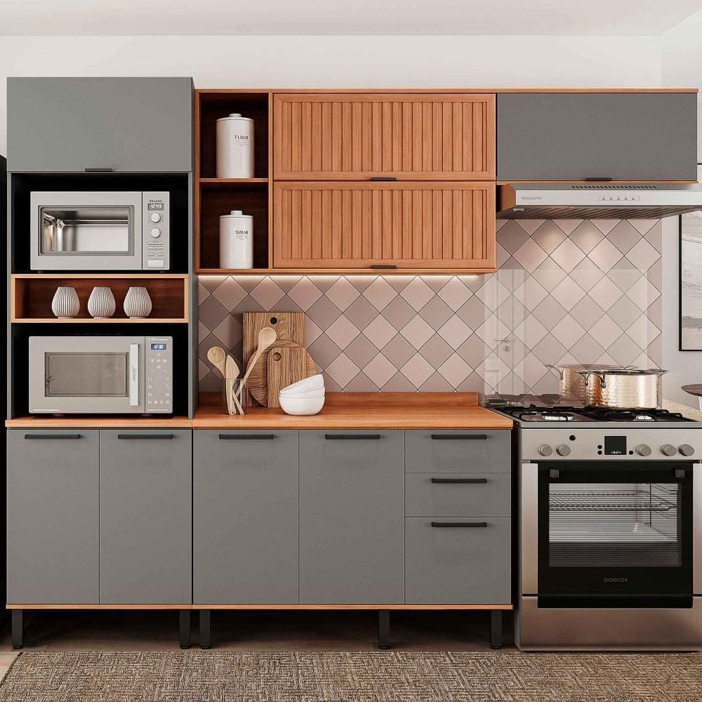 Armário De Cozinha Castanha 2700mm Torre Quente 4 Peças - Cinza/freijó