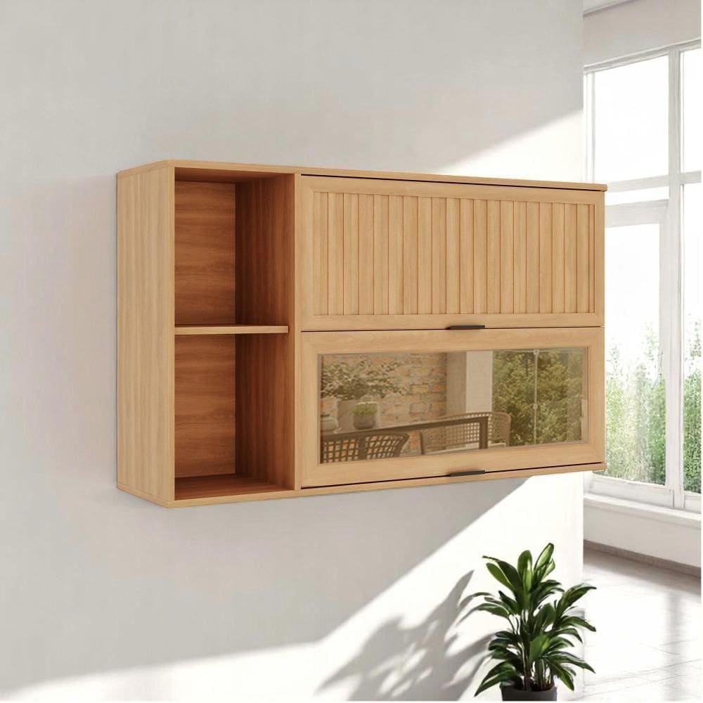 Armário Aéreo Castanha 1200mm 1 Porta Ripada E 1 Porta De Vidro - Freijó E Cinza