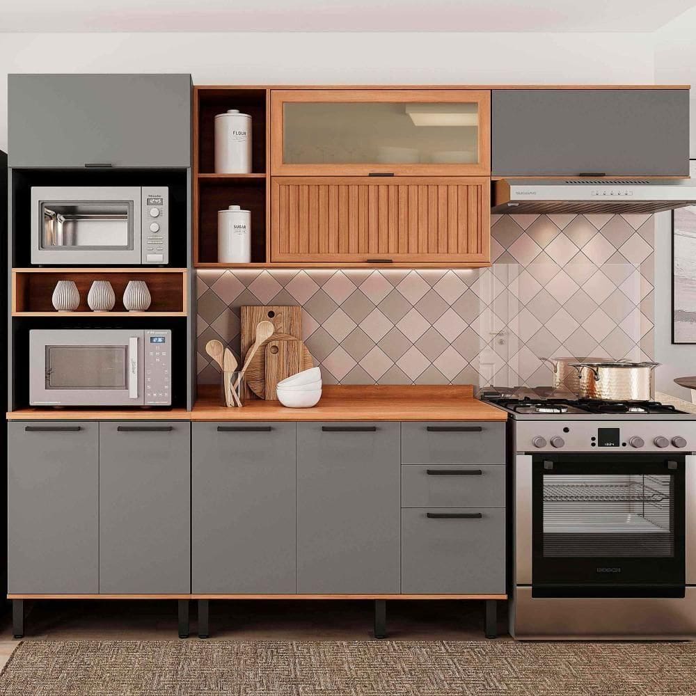 Armário De Cozinha Castanha 2700mm Torre Quente 4 Peças - Cinza/freijó