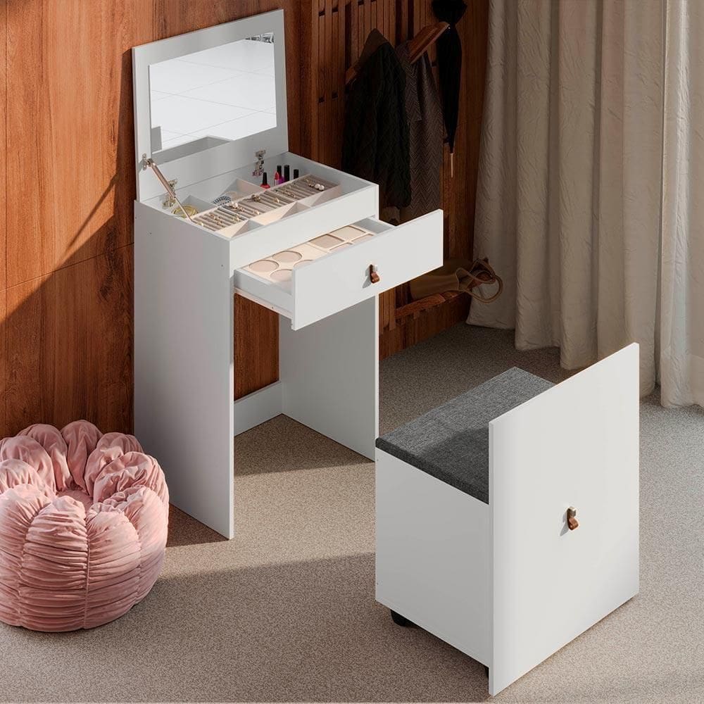 Penteadeira Cômoda Telasul Versa Home Com Espelho E Banqueta Branco