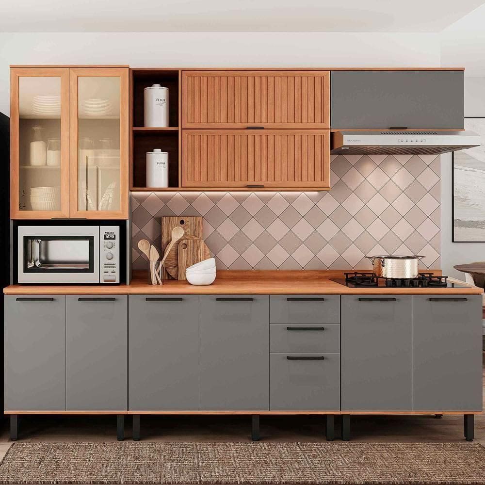 Armário De Cozinha Completo Castanha 2700mm Com Ripado E Vidro - Cinza/freijó