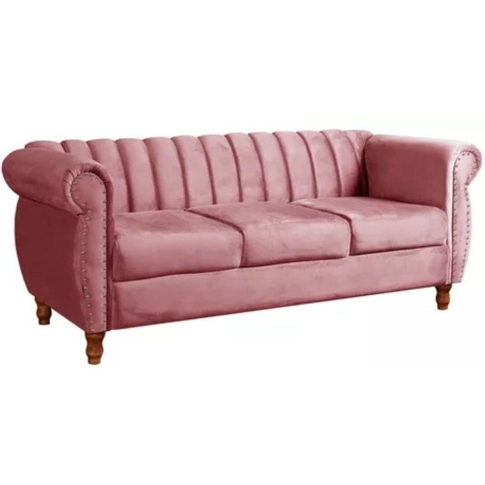 Sofá Chesterfield 3 Lugares Realeza Vintage Retrô Suede Rosa