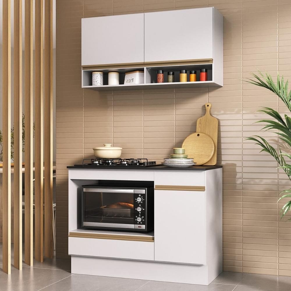Armário Cozinha Modulada Compacta 105cm com Balcão para Cooktop e Rodapé Veneza Multimóveis MP2294