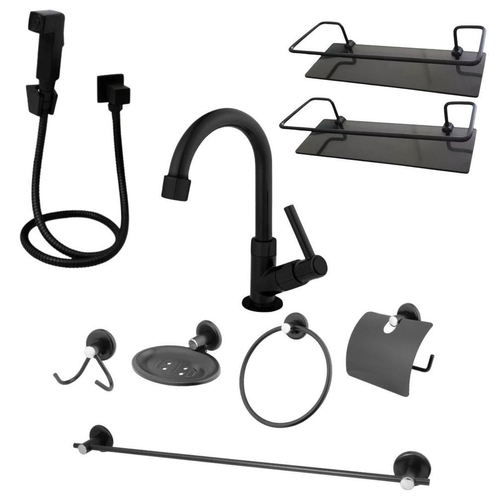 Kit Acessórios Preto Para Banheiro 9 Peças Completo