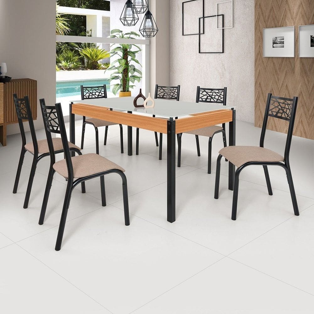 Conjunto Sala de Jantar Mesa 140cm X 77cm Tampo Vidro com 6 Cadeiras Jade Preto Fosco / Bege