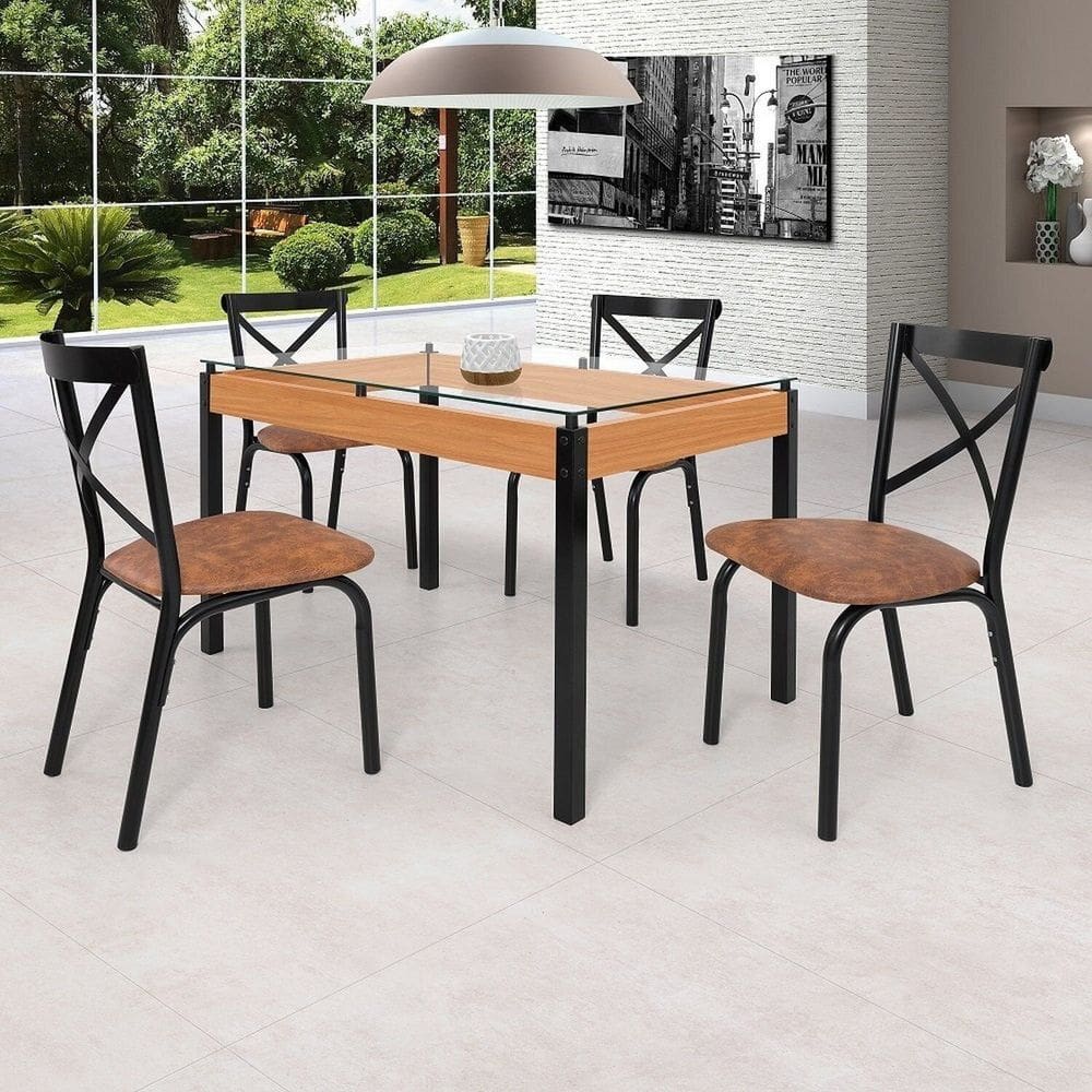Conjunto Sala de Jantar Mesa 120x77cm Tampo Vidro com 4 Cadeiras Karina Preto fosco / Caramelo