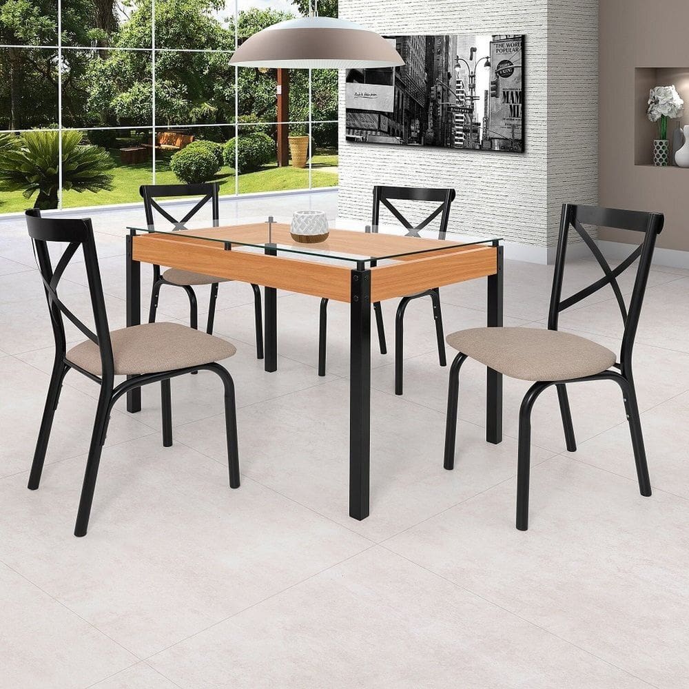 Conjunto Sala de Jantar Mesa 120cm X 77cm Tampo Vidro com 4 Cadeiras Karina Preto Fosco / Bege