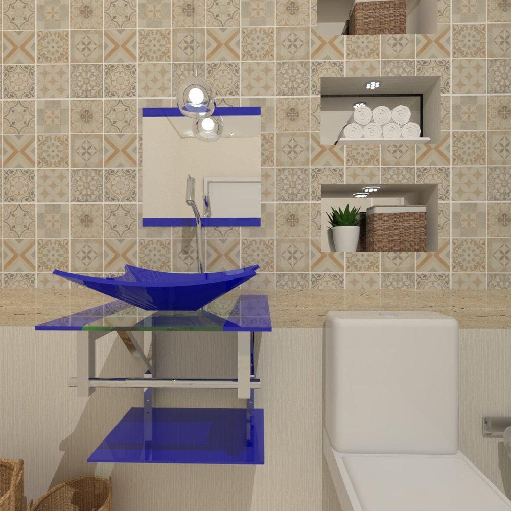 Gabinete De Vidro 45Cm Iq Inox Com Cuba Retangular Azul