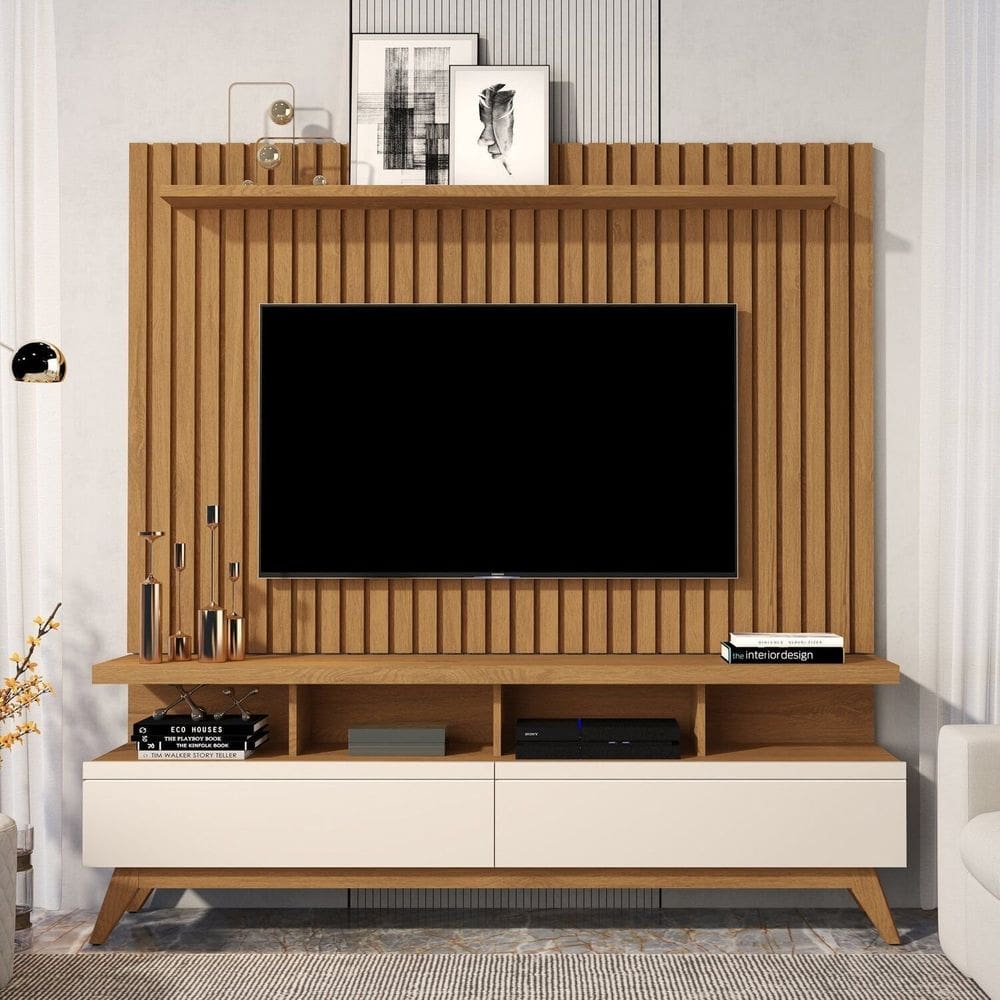 Rack com Painel para Tv 60 Polegadas Pés em Madeira Maciça Ripado Real Vivare Wood 1.6 Off White / Marrom