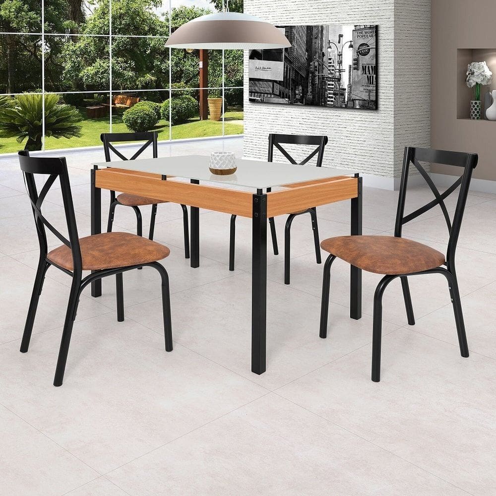 Conjunto Sala de Jantar Mesa 120cm X77cm Tampo Vidro com 4 Cadeiras Karina Preto fosco / Caramelo