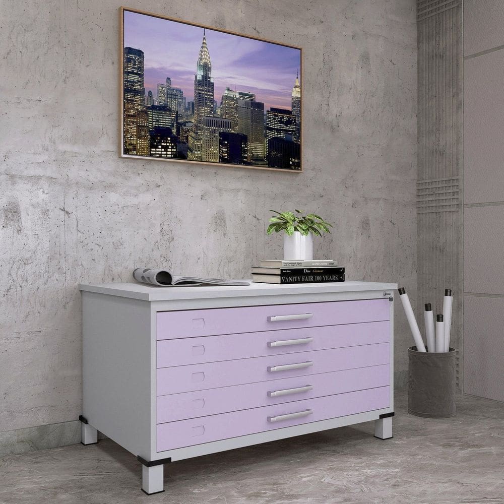 Mapoteca Mont 5 Gavetas 71,3cm X 120,4cm Aço Cinza/Lilás