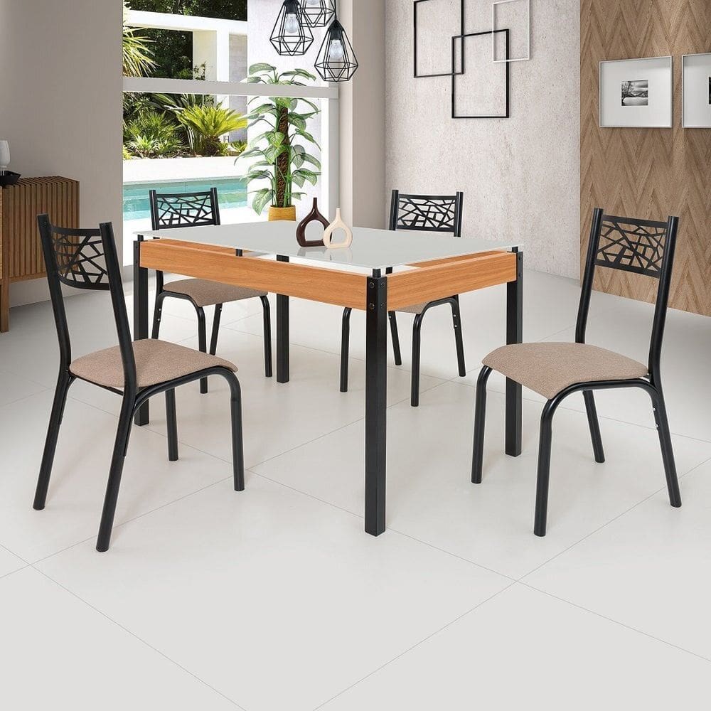 Conjunto Sala de Jantar Mesa 120x77cm Tampo Vidro com 4 Cadeiras Jade Preto Fosco / Bege