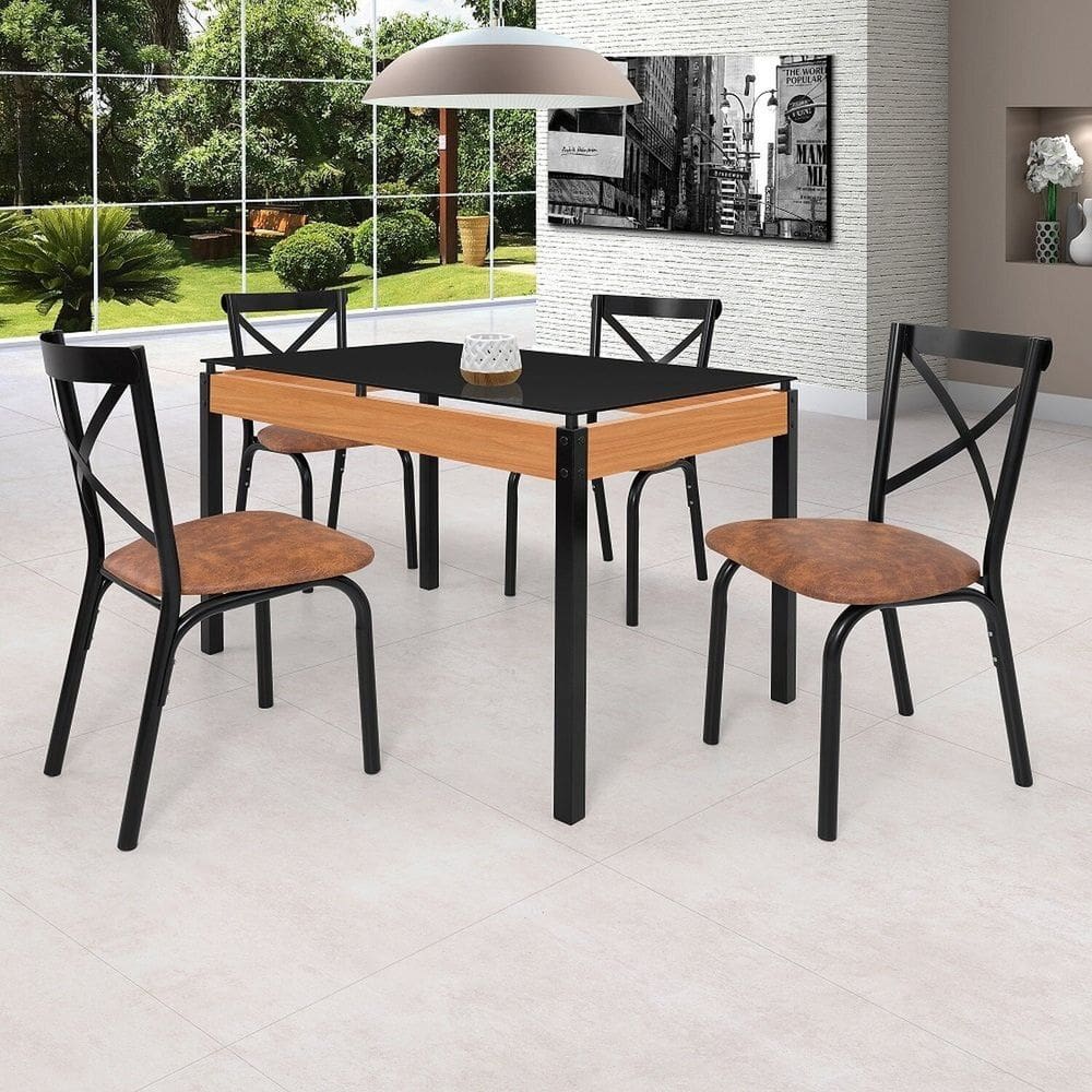 Conjunto Sala de Jantar Mesa 120cm X77cm Tampo Vidro com 4 Cadeiras Karina Preto fosco / Caramelo