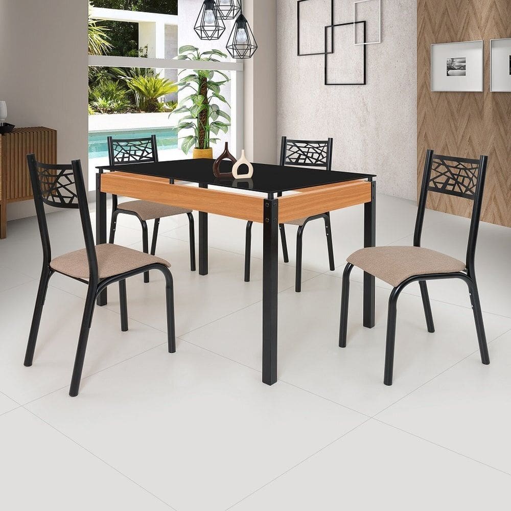 Conjunto Sala de Jantar Mesa 120x77cm Tampo Vidro com 4 Cadeiras Jade Preto Fosco / Bege